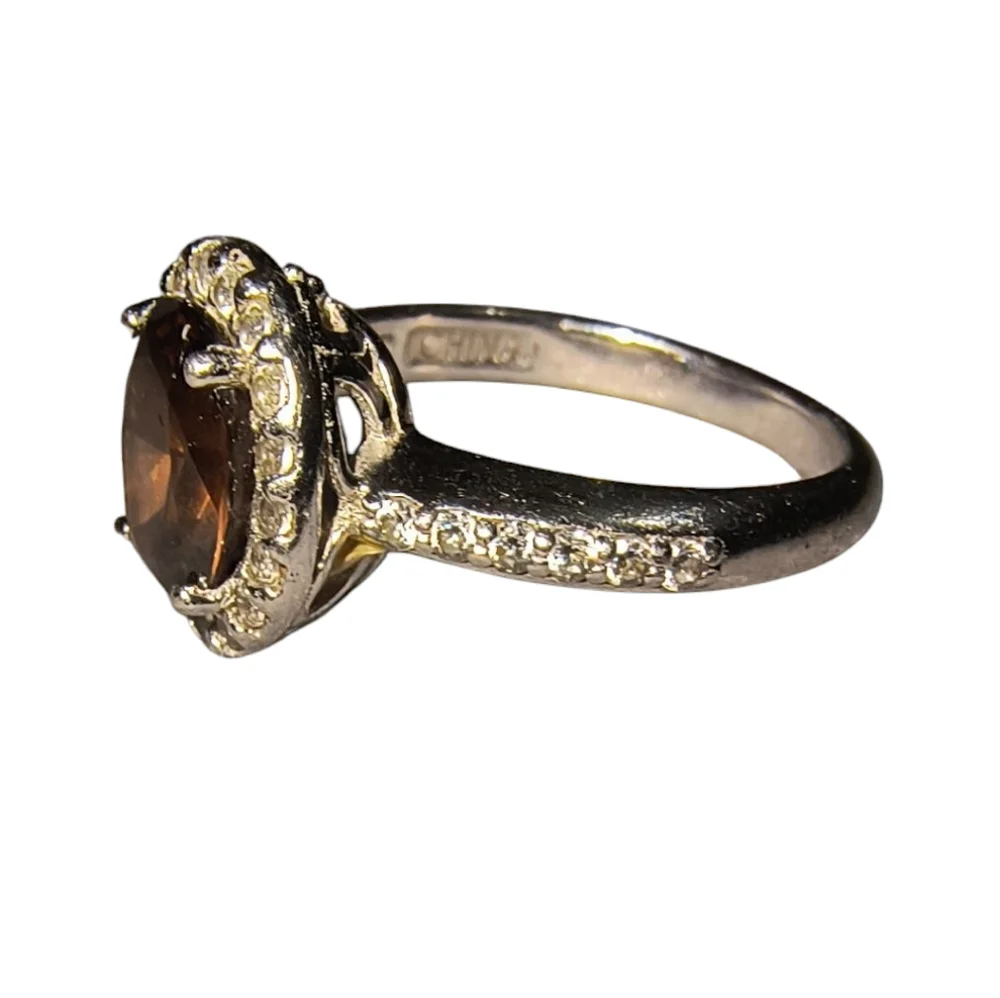 Sterling Silver, Clear & Cognac Colored CZ Halo Ring